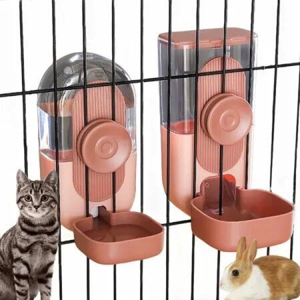 Feeder and Water Dispenser Hanging Automatic Food Water Dispenser Auto Pet Feeder and Waterer Set for Puppy Kitten Rabbit Chinchilla(Pink)