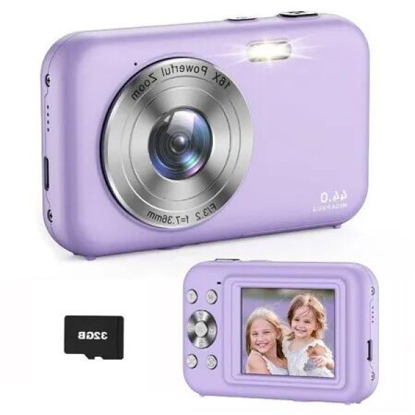 FHD Kids Digital Camera: 44MP with 16X Zoom, Anti-Shake, and 32GB Card for Kids and Teens (Purple)