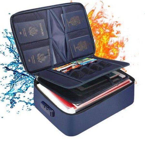 File Document Organizer Bags Fireproof Safe Lock Multi-Layer Portable Filing Storage For Important Passport Certificates (Blue)