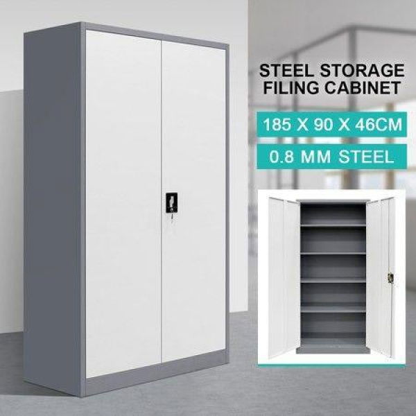 Filing Cabinet Steel Lockable Storage Cupboard With 4 Adjustable Shelves - Dark Gray And White.