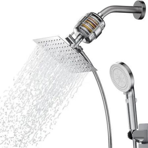 Filtered Shower Head 20 Stage Shower Filter 8In Rain Shower Head with Handheld Showerhead Combo for Hard Water Detachable 5 Modes High Pressure Shower with 60In Stainless Steel Hose & Holder,Chrome