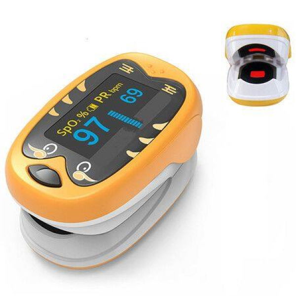 Fingertip OLED Kids Pulse Oximeter Pediatric SpO2 Blood Oxygen Saturation Monitor Col. Yellow Tiger.