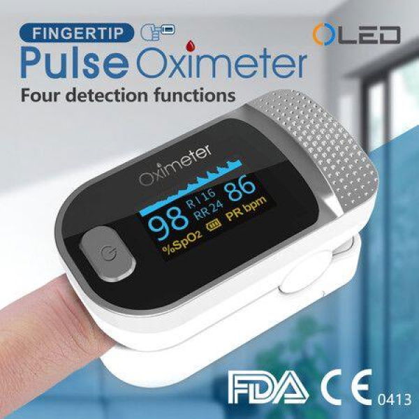 Fingertip Pulse Oximeter Blood Oxygen SpO2 Sports And Aviation RR Respiratory Rate Col. White Grey.