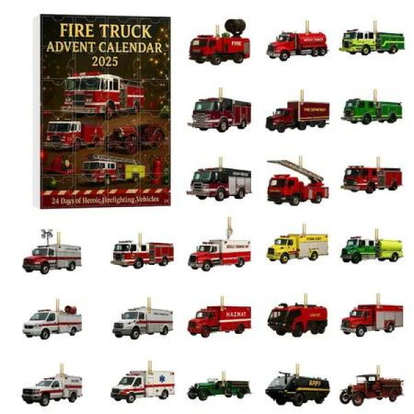 Fire Truck Advent Calendars 2025, 24 Day Fire Engine Ornaments Christmas Countdown Calendar 2025, 2D Fires Vehicle Pendant Advent Calendars