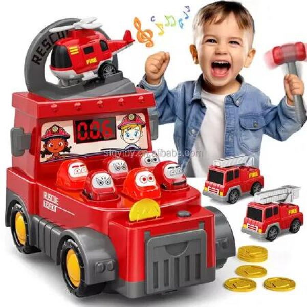 Fire Truck Engineering Vehicle Pull-back Car Tabletop Game Toy Cartoon Engineering Arcade Whack-a-Mole Educational Toy for Kids Ages 3+