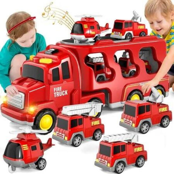 Fire Truck Toy 5 in 1 Toddlers Lights Sounds Imaginative Play Educational Christmas Birthday Gift Kids Vehicle Set