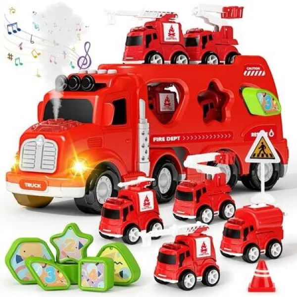 Fire Truck Toy Cars with Spray Sound Light,5 in 1 Fire Carrier Toy Trucks 4 Small Rescue Cars Christmas Gifts for Ages 3+ Boys Girls