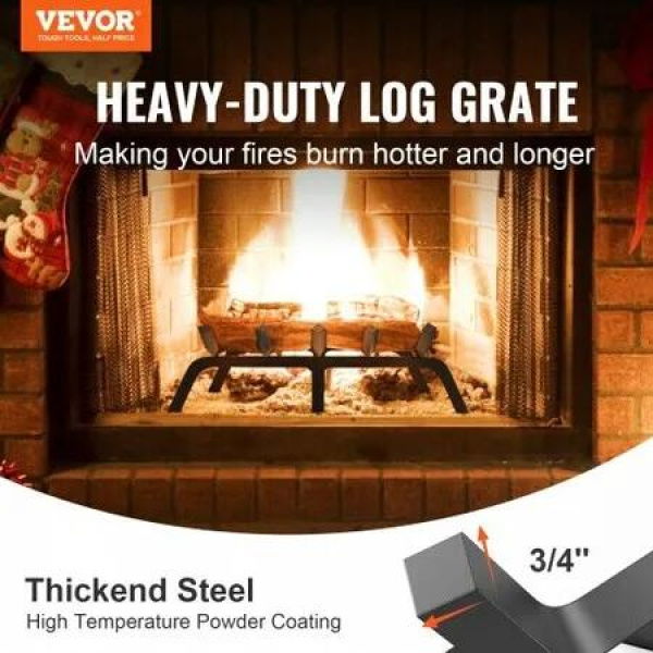 Fireplace Log Grate, 609.6mm Heavy Duty Fireplace Grate with 6 Support Legs, 19.05mm Solid Powder-coated Steel Bars, Log Firewood Burning Rack Holder for Indoor and Outdoor Fireplace