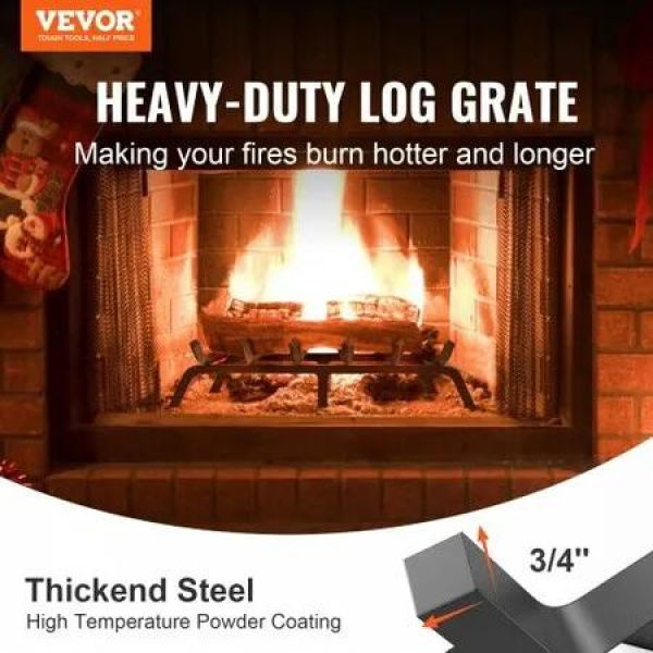 Fireplace Log Grate, 685.8mm Heavy Duty Fireplace Grate with 6 Support Legs, 19.05mm Solid Powder-coated Steel Bars, Log Firewood Burning Rack Holder for Indoor and Outdoor Fireplace