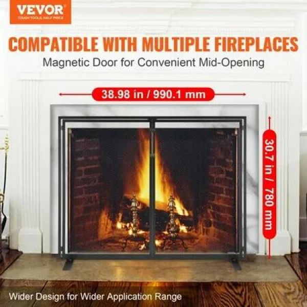 Fireplace Screen 1 Panel with Door Sturdy Iron Mesh Fireplace Screen 990(L) x780(H)MM Spark Guard Cover Simple Installation Free Standing Fire Fence Grate