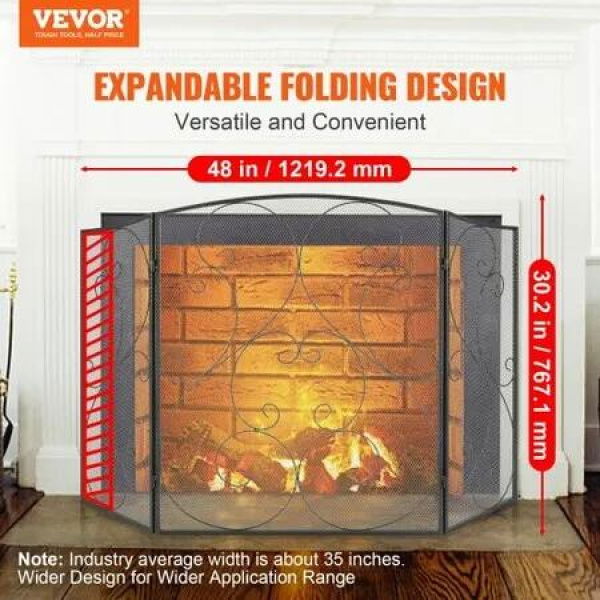 Fireplace Screen 3 Panel Sturdy Iron Mesh Fireplace Screen 122(L)x76.7(H)CM Spark Guard Cover No Assembly Required Free Standing Fireplace Fence Grate