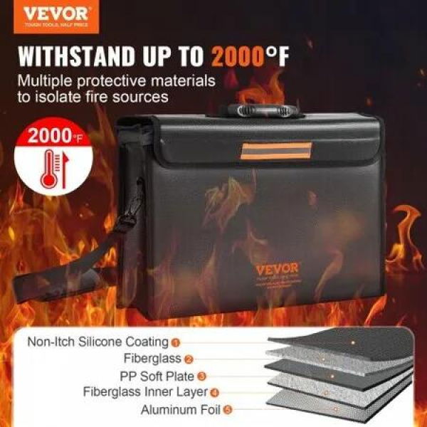 Fireproof Document Box Fireproof Document Bag with 3-layer Folding Fireproof and Waterproof File Box 390x315x355 mm with Zipper