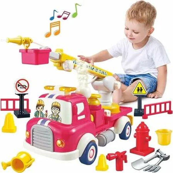 FireTruck Construction Fire Engine Water Sprinkler Sound Light Montessori Pull Back Car Toys Fruit Building Block Birthday Gifts for Kids Boys Girls