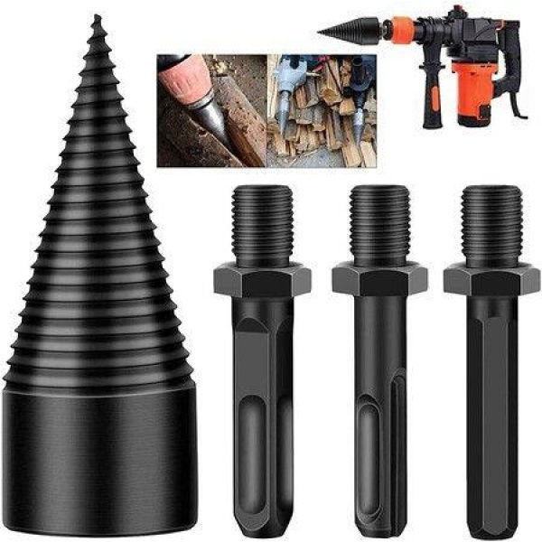 Firewood Log Splitter 4 Pcs Drill Bit Removable Cones Kindling Wood Splitting Logs Bits Heavy Duty Electric Drills Screw Cone Driver Hex + Square + Round 42mm/1.65 Inch.