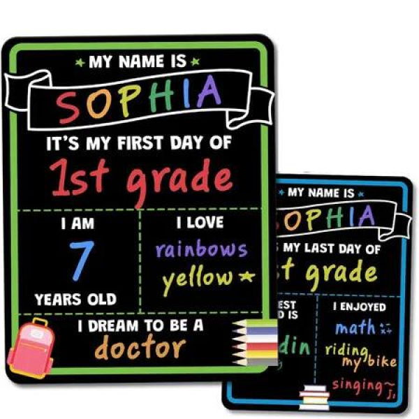 First Day of School Chalkboard,Reusable Back to School Sign, 35 x 28 cm Beautiful Double Sized First Day of School Board,Paper Preschool Signs,2 Pack