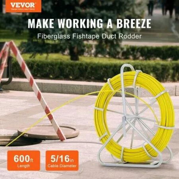 Fish Tape Fiberglass 182.88 m 7.9 mm Duct Rodder Fishtape Wire Puller Cable Running Rod with Steel Reel Stand 3 Pulling Heads Fishing Tools