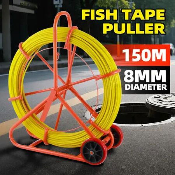 Fish Tape Puller Fibreglass Wire Cable Running Rod Duct Rodder 150mx8mm Electrical NBN Fishtape Pulling Tool Brake Wheels Portable Steel Reel Stand