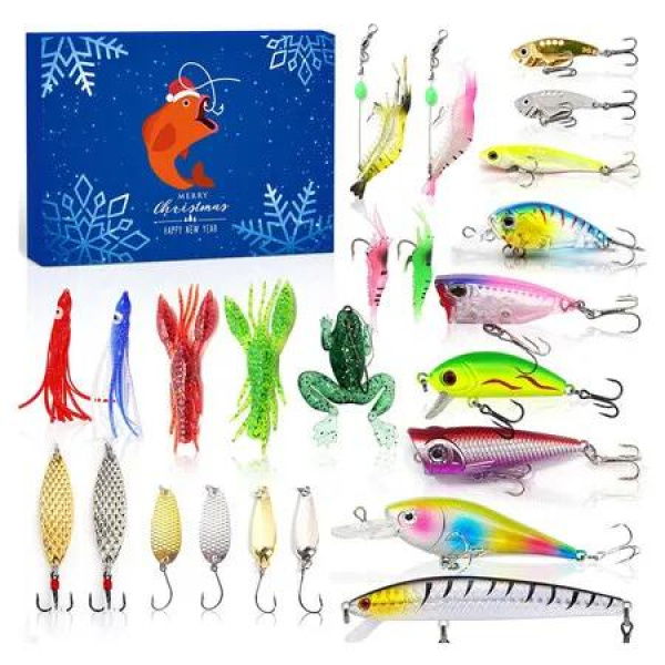 Fishing Advent Calendar, 24 Day Fishing Lure Countdown Calendar with Spoons Minnow Popper Crankbait VIB Xmas Fishing Gift for Father Granpa Brother