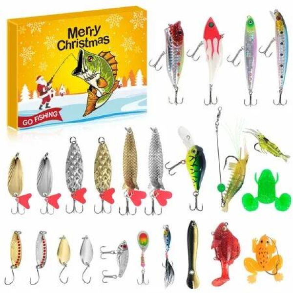 Fishing Advent Calendar 24 Days of Fishing Lures Countdown Calendar Christmas Countdown with 24Pcs Assorted Lures Gift for Men Anglers