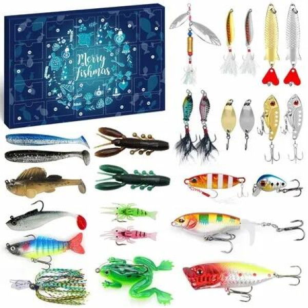 Fishing Advent Calendar for Men Teen Boys,Fishing Lure Christmas Gifts,24 Days Topwater Lures Fishing Spoons Minnow Popper Crankbait VIB