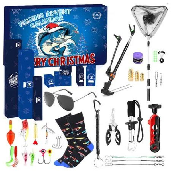 Fishing Advent Calendar for Men Women Teen Boys, 2025 Fishing Tools Accessories Kit Christmas Countdown Gifts, 24 Days Surprises for Fish Lovers
