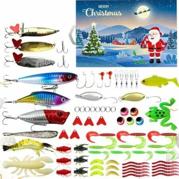 Fishing Advent Calendar,Advent Calendar Fishing Christmas Countdown 24 Days,Christmas Countdown Fish Tackle Set,Christmas Surprise Fishing Bait Gift 78 Pcs,Fishing Lures Set (Blue)