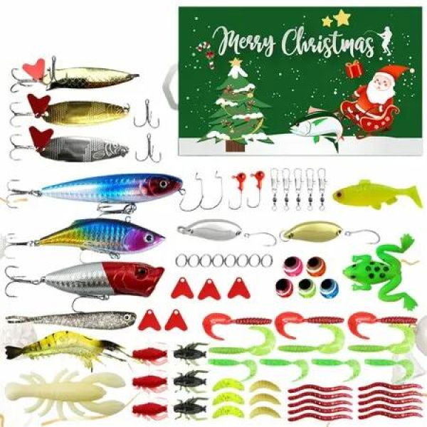 Fishing Advent Calendar,Advent Calendar Fishing Christmas Countdown 24 Days,Christmas Countdown Fish Tackle Set,Christmas Surprise Fishing Bait Gift 78 Pcs,Fishing Lures Set (Green)