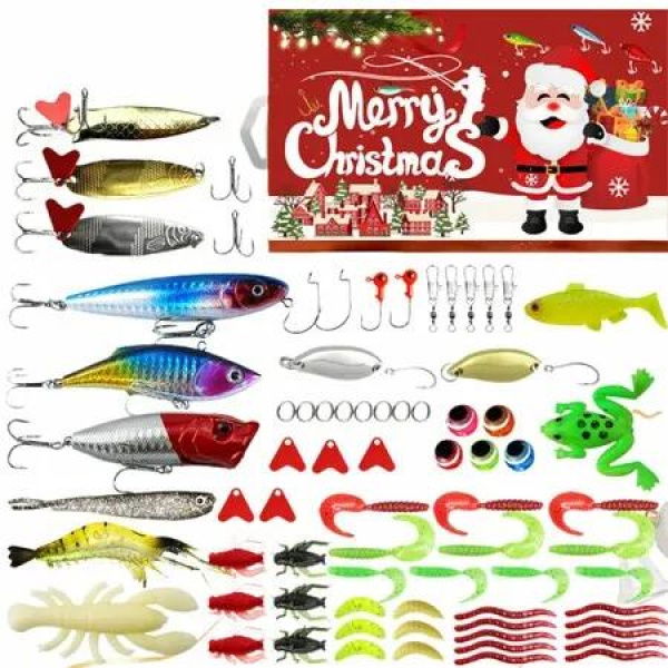 Fishing Advent Calendar,Advent Calendar Fishing Christmas Countdown 24 Days,Christmas Countdown Fish Tackle Set,Christmas Surprise Fishing Bait Gift 78 Pcs,Fishing Lures Set (Red)