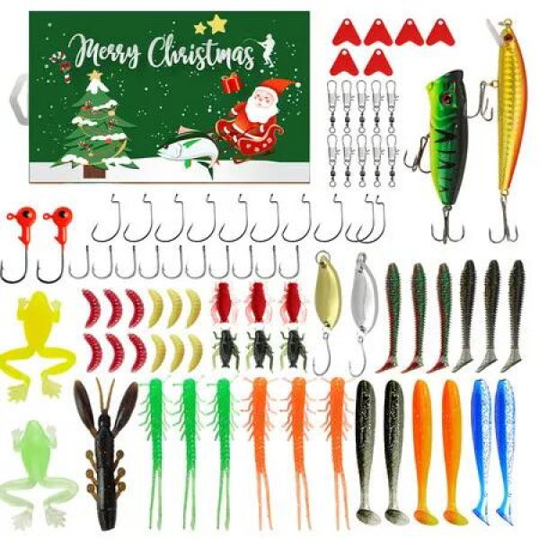 Fishing Advent Calendar,Christmas Countdown 24 Days,Fish Tackle Set,Christmas Surprise Fishing Bait Gift 82 Pcs,Fishing Lures Set(Green)