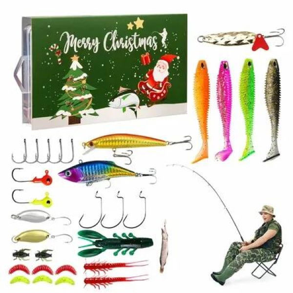 Fishing Advent Calendar,Fishing Tackle Advent Calendar,Fishing Lure Advent Calendar,24 Days Christmas Countdown Fish Tackle Set Green Box