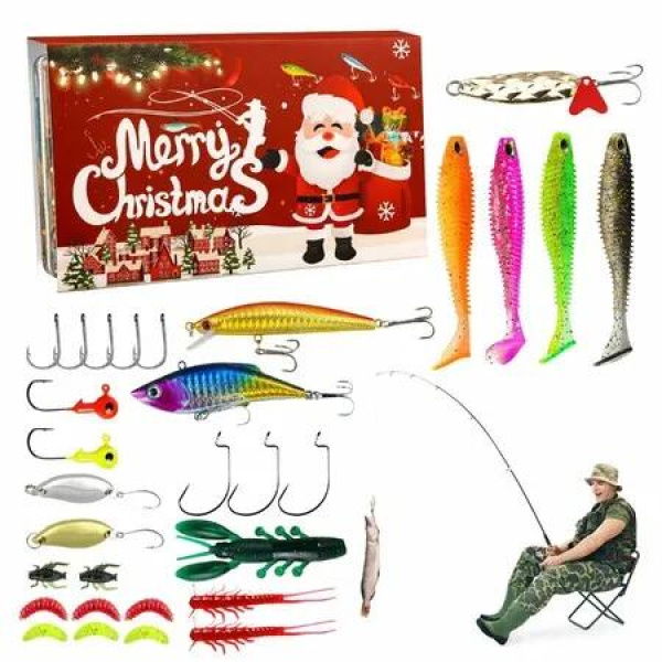 Fishing Advent Calendar,Fishing Tackle Advent Calendar,Fishing Lure Advent Calendar,24 Days Christmas Countdown Fish Tackle Set Red Box