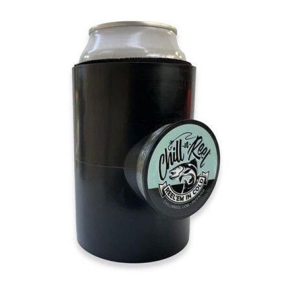 Fishing Can Cooler, Hard Shell Drink Holder with Hand Line Reel Attached, Fits Any Standard Insulator Sleeve or Coozie Black