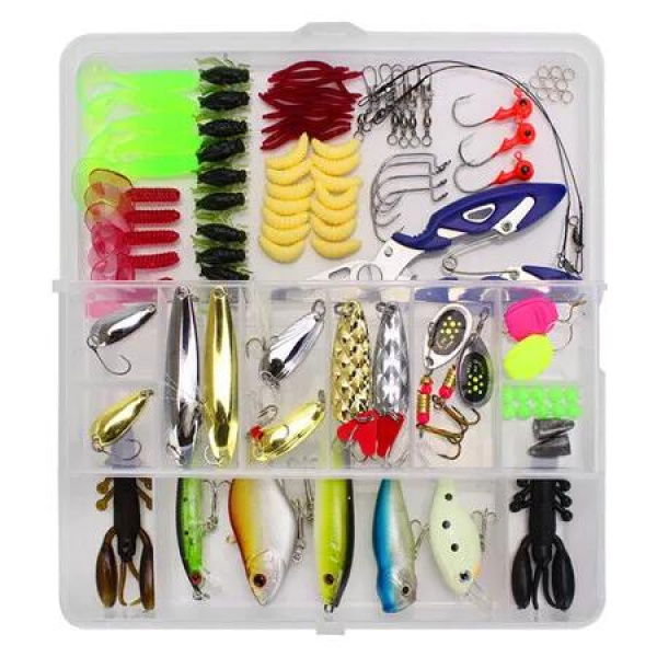 Fishing Lures Kit, 101Pcs Spoon Lures, Soft Plastic Worms, Frog Lures, Bait Tackle Kit for Bass, Trout, Salmon for Freshwater and Saltwater, White Box