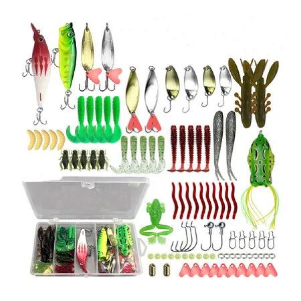 Fishing Lures Kit, 94Pcs Spoon Lures, Soft Plastic Worms, Frog Lures, Bait Tackle Kit for Bass, Trout, Salmon for Freshwater and Saltwater