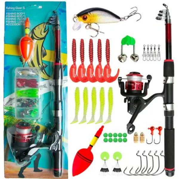 Fishing Tackle Set Telescopic Fishing Rod and Spinning Reel Kit, Saltwater Freshwater Fishing Rod Kit (Red)