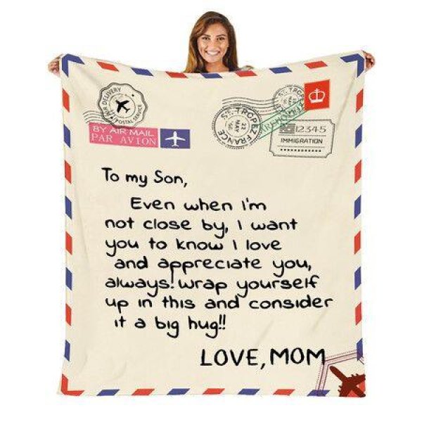 Fleece Blanket To My Son Letter Printed Quilts Dad Mom For Sons Air Mail Blanket Positive Encourage And Love Sons Flannel Blanket Gifts (50x60in)