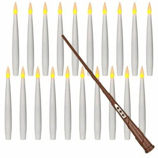 Floating Candles with Wand,20 PCs Magic Hanging Candles,Flickering Warm Light Flameless Floating LED Candle with Wand Remote,Battery Operated Window Taper Candle Set for Halloween Decorations