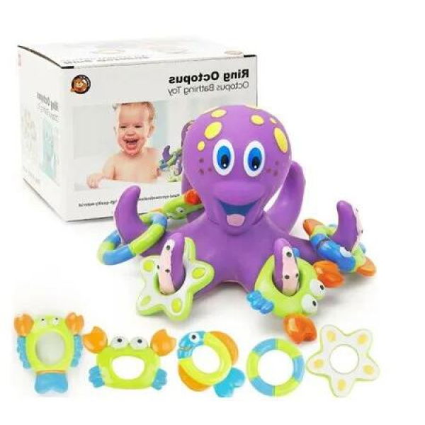 Floating Purple Octopus with 5 Hoopla Rings: Interactive Bath Toy for Toddlers and Kids