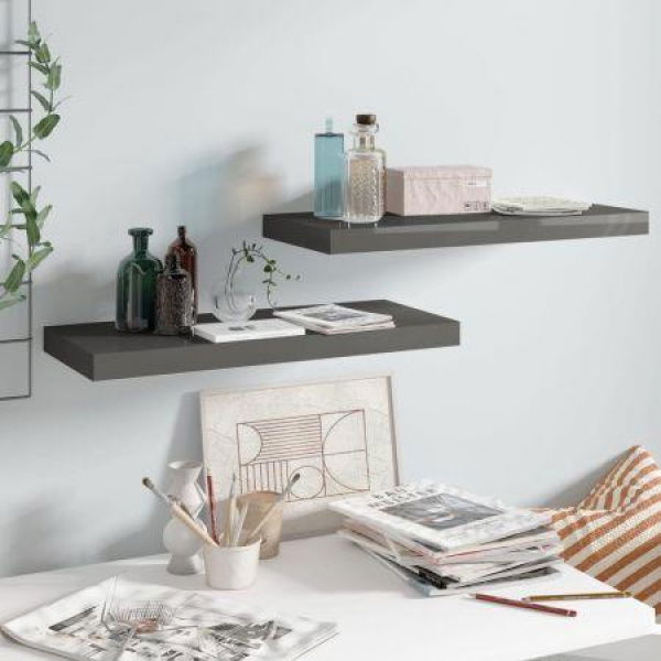 Floating Wall Shelves 2 Pcs High Gloss Grey 60x23.5x3.8 Cm MDF.