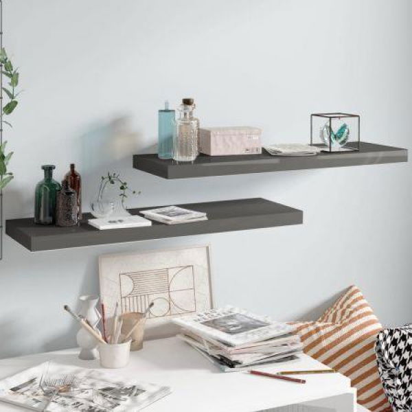 Floating Wall Shelves 2 Pcs High Gloss Grey 80x23.5x3.8 Cm MDF.