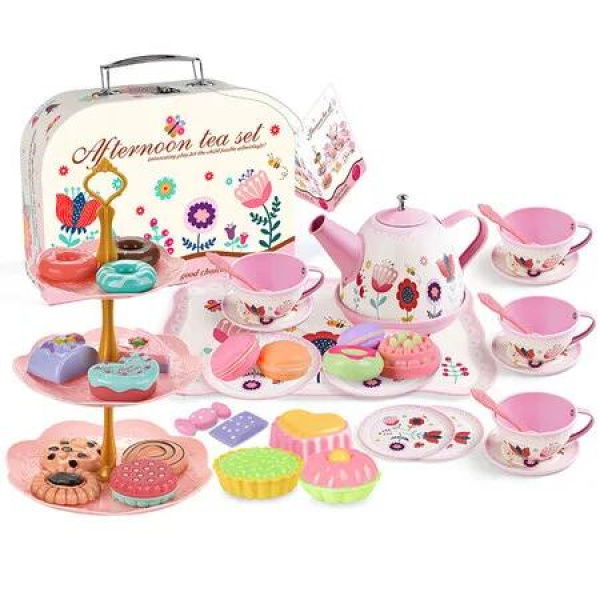 Flower Theme Tea Party Set Princess Tea Time Toys with Dessert and Carrying Case Pretend Play for Kids Gift