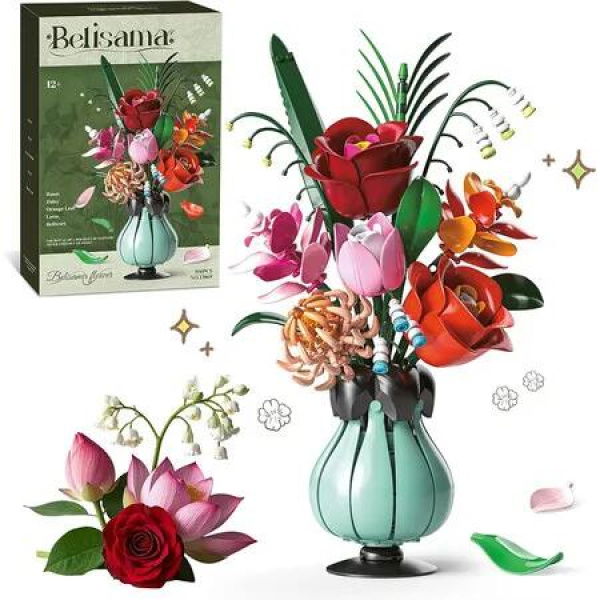 Flowers Bouquet Building Blocks Set, Roses, Lotus, Lily of the Valley for Women, Botanical Collection Home Decor, Gifts for Valentines Birthdays Day