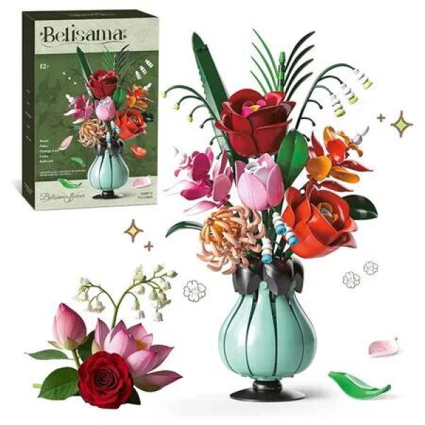 Flowers Bouquet Building Blocks Set with Vase, Roses, Lotus, Lily of The Valley for Women, Teen Girls, Botanical Collection Home Decor