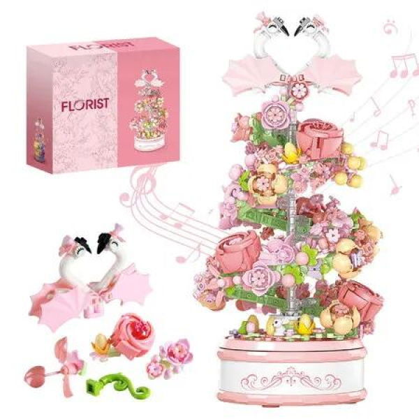 Flowers Music Box Building Block Kit with Light-713PCS Decoration Rotating Set Gifts for Kids Ages 6+