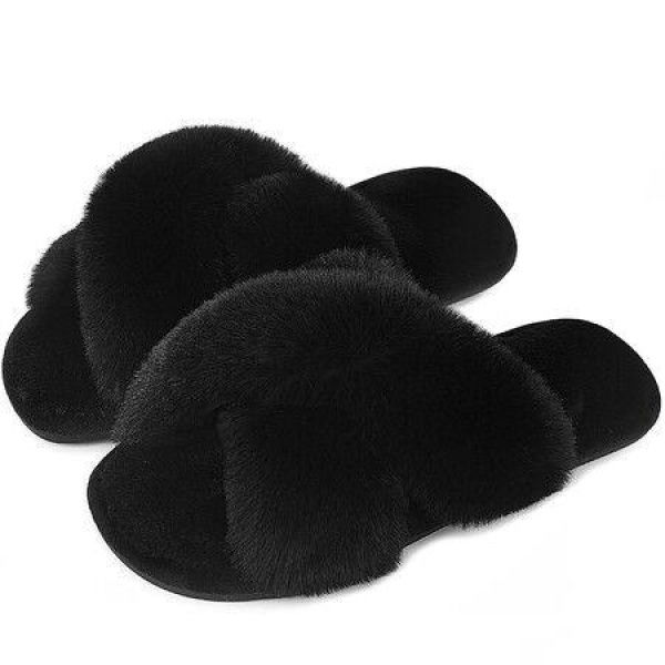 Fluffy House Slippers For Women Fuzzy Slippers Upgraded TPR Sole Cute Slippers For Women Indoor And Outdoor Size L Color Black