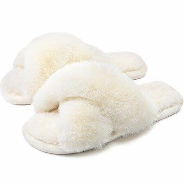 Fluffy House Slippers For Women Fuzzy Slippers Upgraded TPR Sole Cute Slippers For Women Indoor And Outdoor Size L Color White