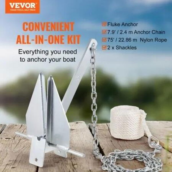 Fluke Anchor 8.5 LBS Galvanized Steel Boat Anchor Chain Rop Two Shackles