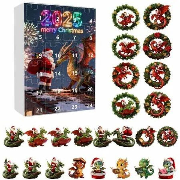 Flying Dragon Advent Calendars 2025,24 Days Flying Dragons Christmas Countdown Calendars 2D Acrylic Dragon And Christmas Wreath Ornaments For Tree Car