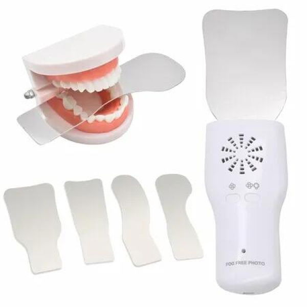 Fog-Free Dental Occlusal Photographic Mirror Device with 4 Rhodium Intraoral Reflective Mirrors for Dentistry, Anti-Fog Fan and LED Lighting Handle with Plated Glass Reflectors Oral Inspection Kit