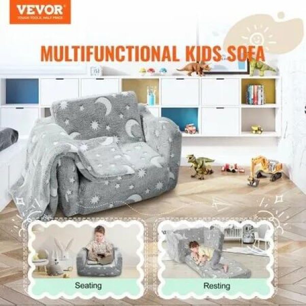 Fold-out Kids Sofa, Glow-in-the-Dark Kids Couch Chair, 2-in-1 Children Convertible Sofa to Lounger, Extra Soft Flip-out Toddler Couch for Siting and Sleeping, for Bedroom and Playroom